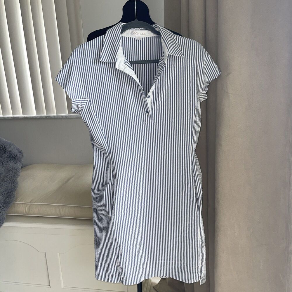Renuar Seersucker Pinstripe Dress Chambray Blue White M - Picture 2 of 8